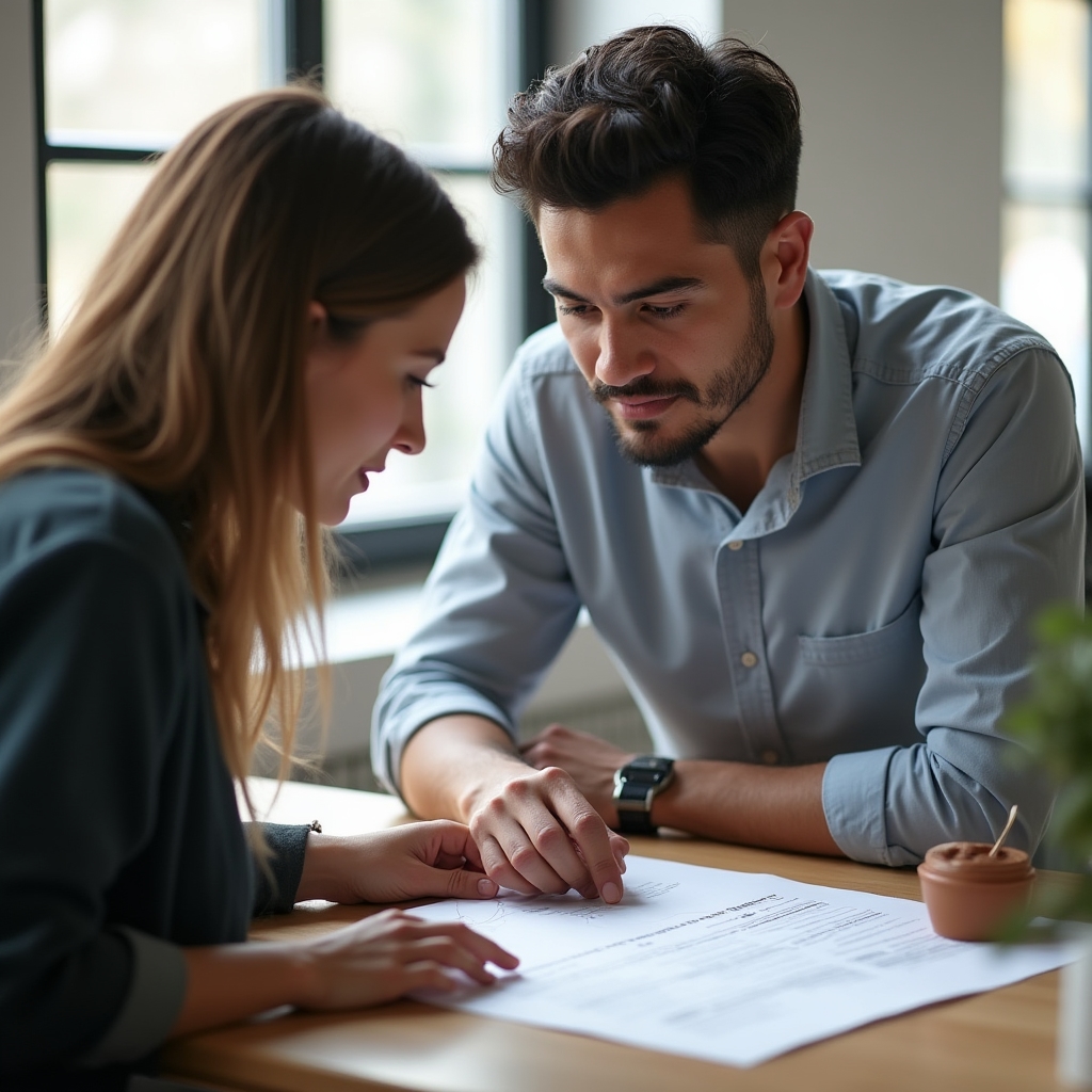 Organizer and client reviewing a printed custom organization plan together at a desk