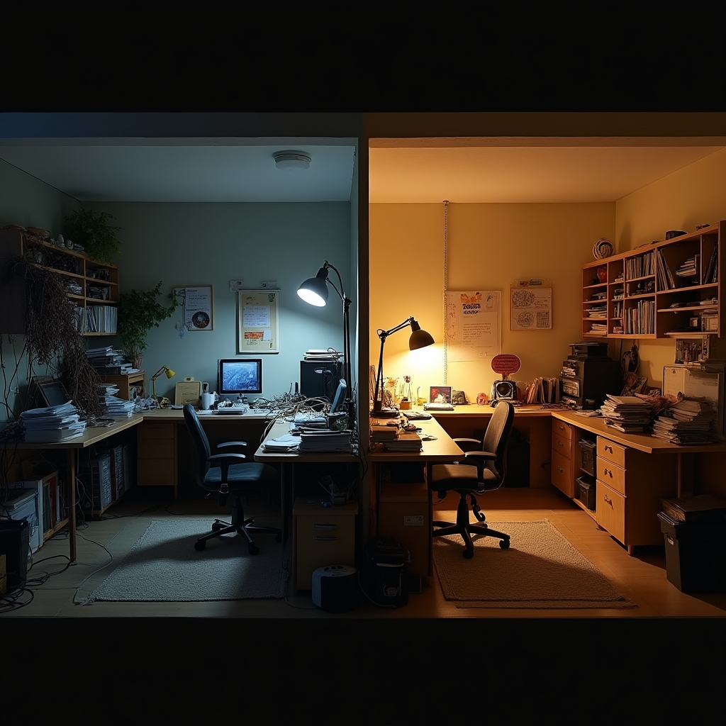 Side-by-side view of a home office before and after professional organization
