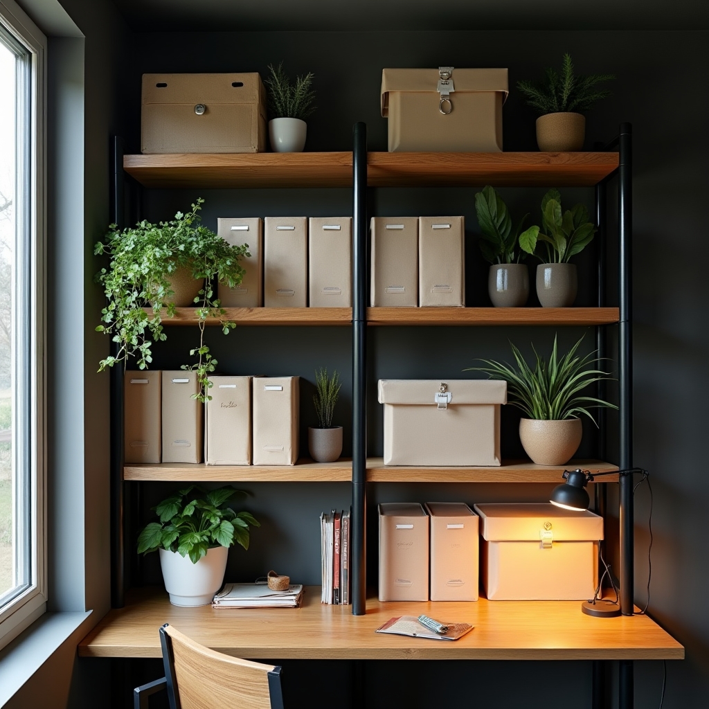 Well-organized office shelving unit with labeled storage boxes and neatly arranged books and supplies