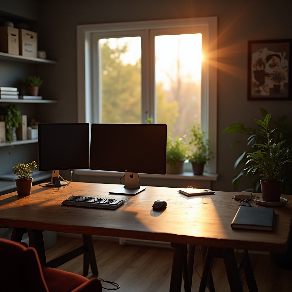 A beautifully organized home office with clean desk and thoughtful storage