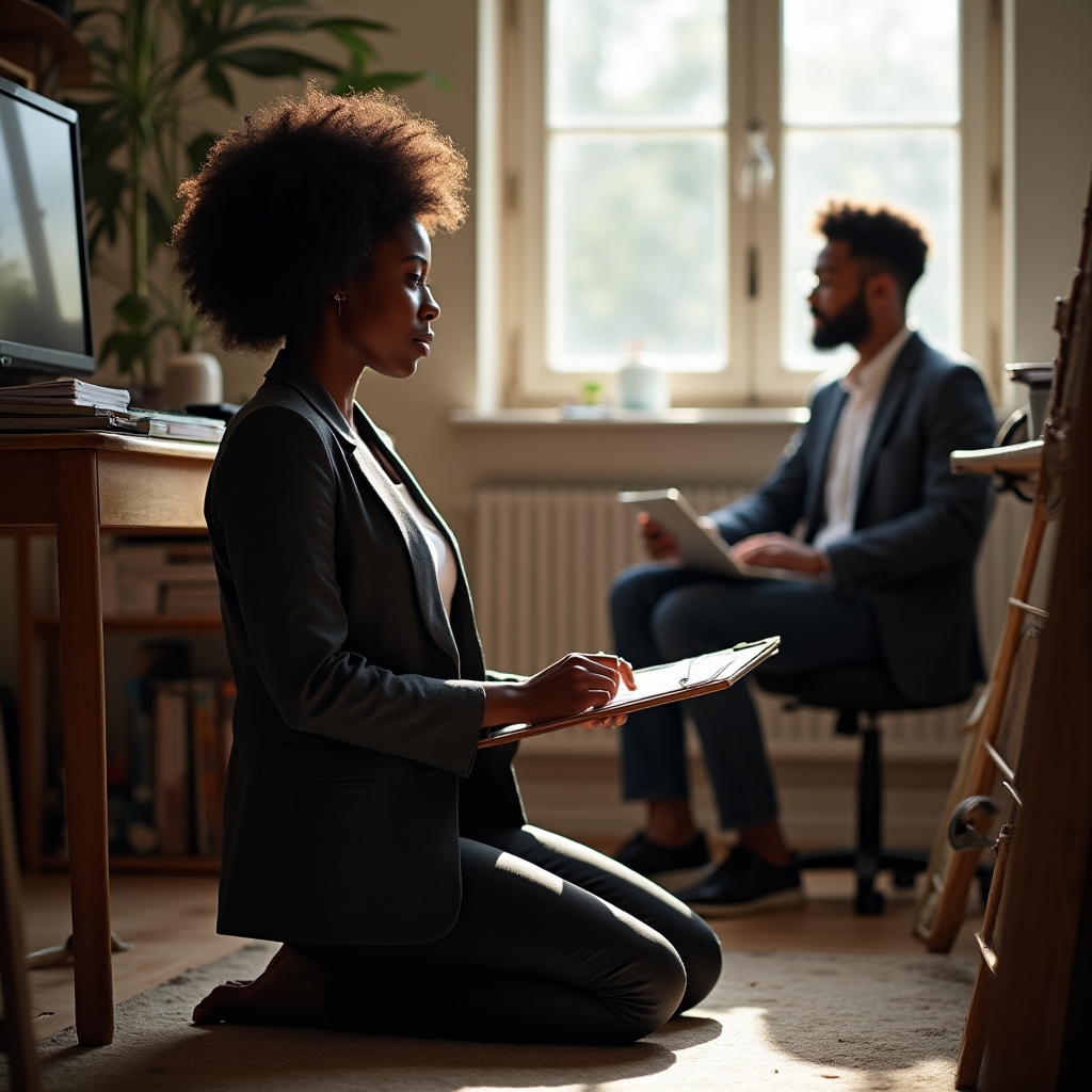Professional organizer conducting a detailed assessment of a home office space