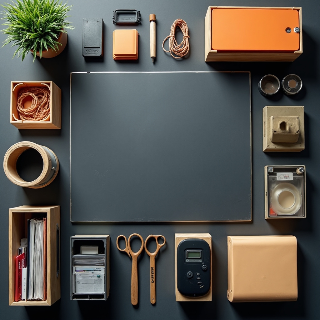 Organized collection of home office organizing supplies including cable organizers, storage boxes, and label makers laid out on a surface