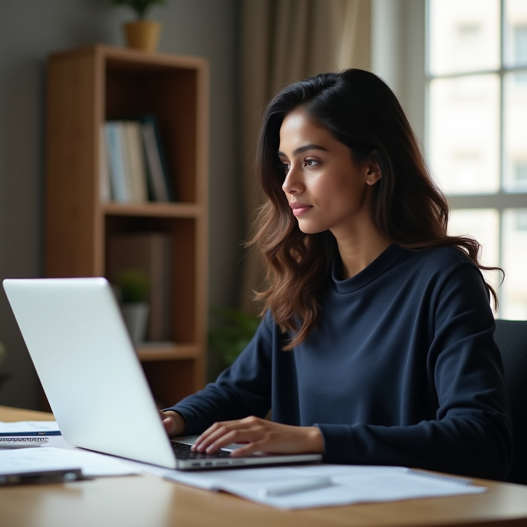 Remote worker sitting at a clean, organized desk with focused expression