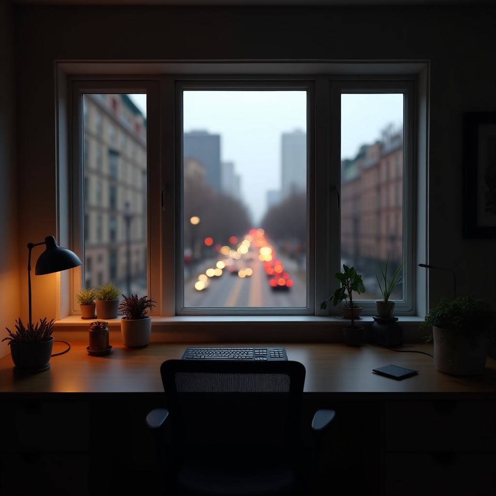 A well-organized home office with city view through the window in St. Louis